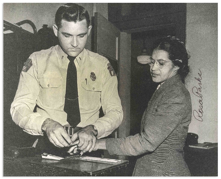 Rosa Parks Signed 10'' x 8'' Photo of Her Being Booked After Her Arrest -- With JSA COA